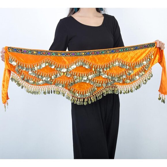 Women's Triangular Belly Dance Hip Scarf Wrap Orange Skirts with Gold Coins - Picture 4 of 4